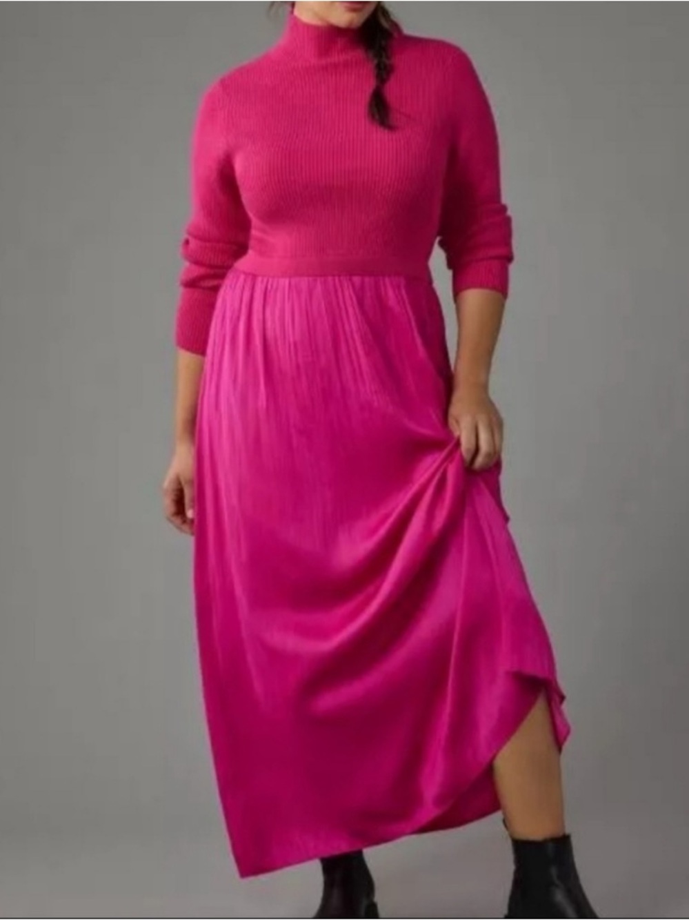 Anthropologie Thea Twofer Ribbed Mock Neck Sweater Maxi Dress Pink Pleated Sm